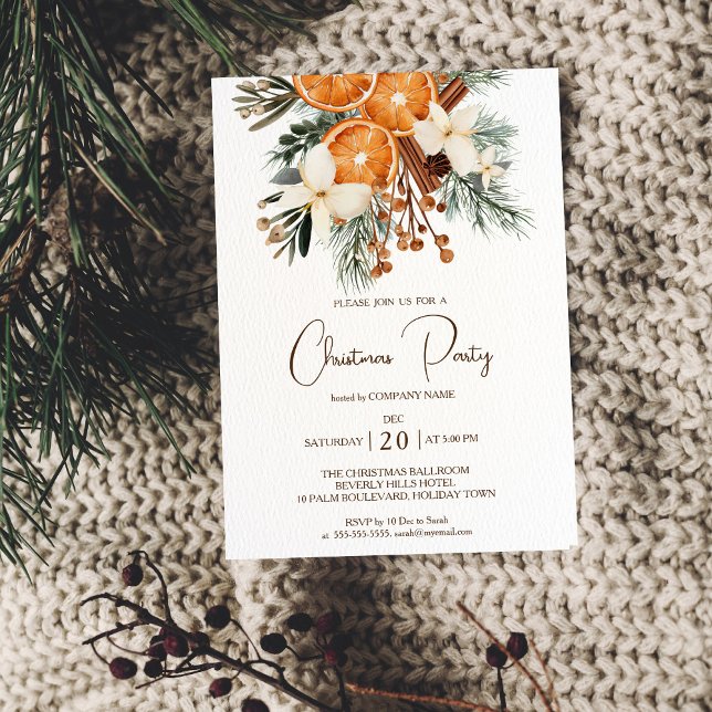 Inbjudan till kontorsjulfirande (Office Company Christmas Holiday Party invitation template rustic winter botanical citrus watercolor)