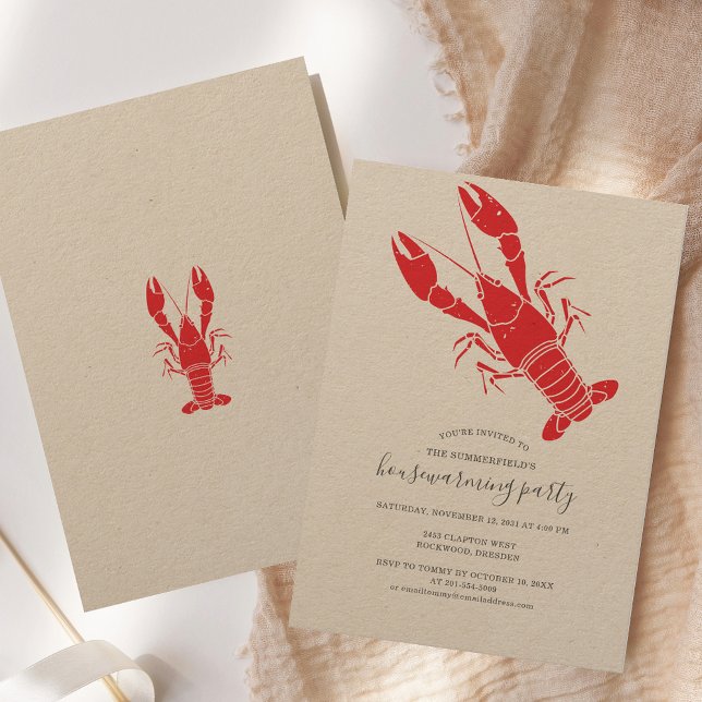 Inbjudan till kräftor Boil Houseuppvärmningspartie (Housewarming Party Lobster Boil Kraft Paper Invitation)