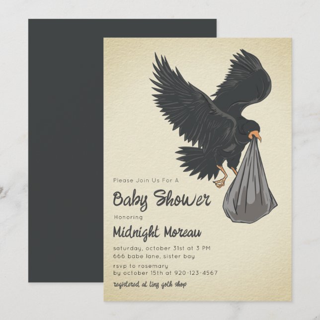 Inbjudan till kråka gotiic Baby Shower (Fram/baksida)