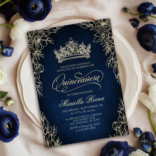Inbjudan till krona Tiara Navy Guld Quinceañera (Skapare uppladdad)