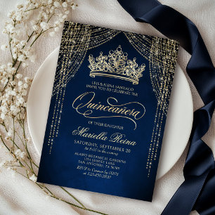 Inbjudan till krona Tiara Navy Guld Quinceañera
