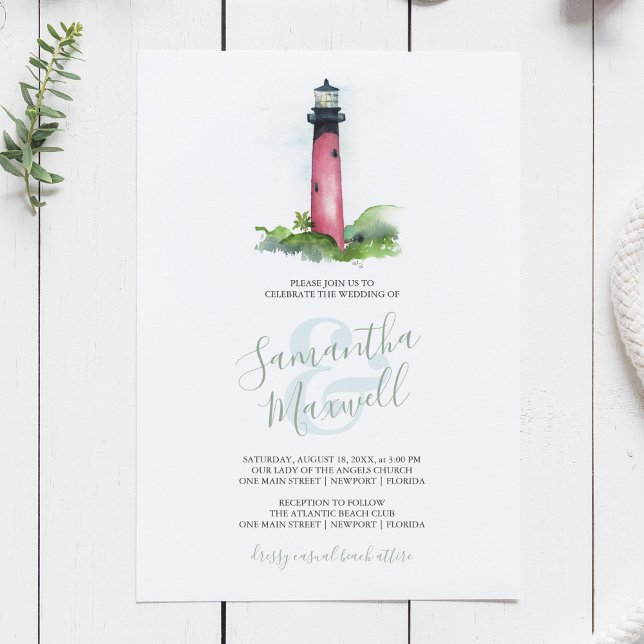 Inbjudan till kustfyr för vattenfärgssopbröllop (Beach wedding invitation ocean and lighthouse watercolor art by Victoria Grigaliunas)