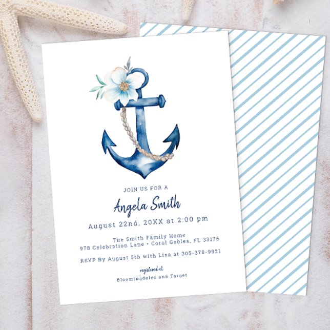Inbjudan till kustnära nautisk babydusch | Blå Anc (Blue Nautical Floral Anchor Baby Shower Invitation )