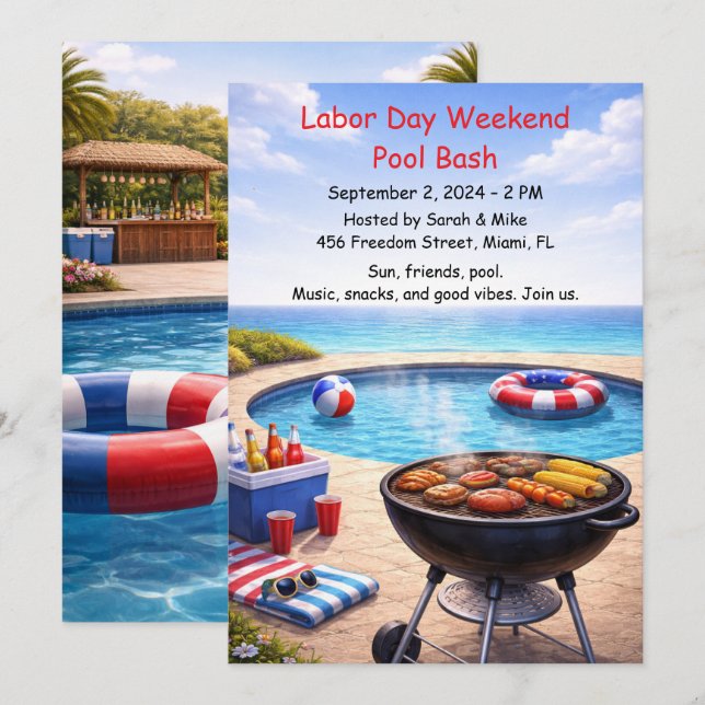 Inbjudan till Labor Day Pool Party Röd Vit och Blå (Fram/baksida)
