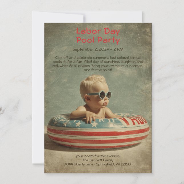 Inbjudan till Labor Day Pool Party Röd Vit och Blå (Framsida)