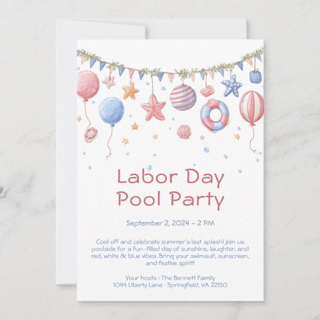 Inbjudan till Labor Day-poolparty i rött, vitt och (Framsida)