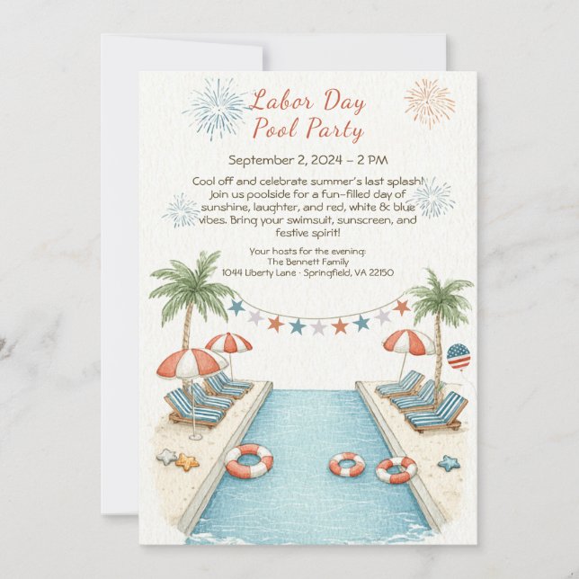 Inbjudan till Labor Day-poolparty i rött, vitt och (Framsida)
