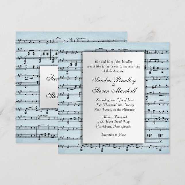 Inbjudan till Lakan Music Blue Wedding (Fram/baksida)