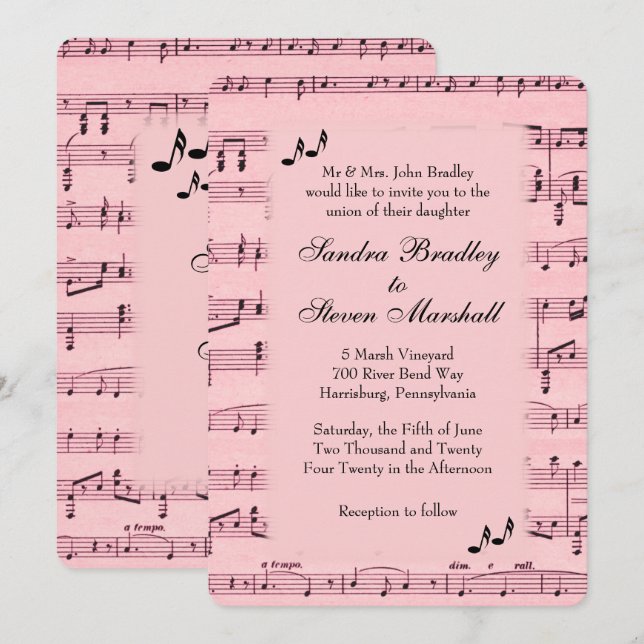 Inbjudan till lakan Music Rosa Wedding (Fram/baksida)