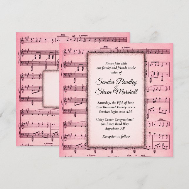 Inbjudan till lakan Music Rosa Wedding (Fram/baksida)