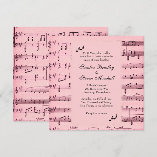 Inbjudan till lakan Music Rosa Wedding (Fram/baksida)