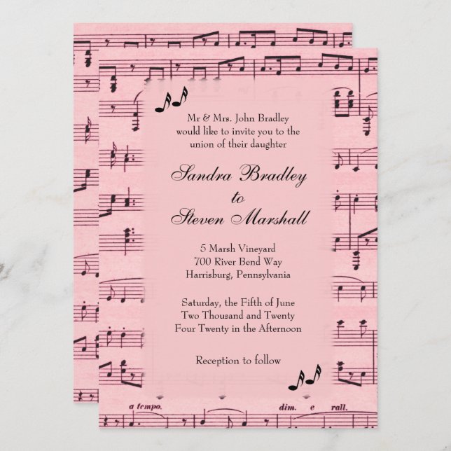 Inbjudan till lakan Music Rosa Wedding (Fram/baksida)