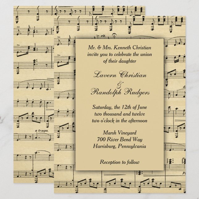 Inbjudan till lakan Music Wedding (Fram/baksida)