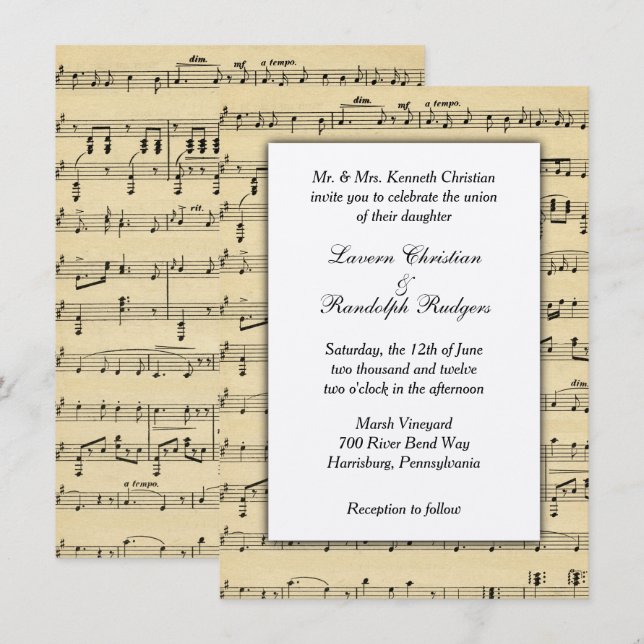 Inbjudan till lakan Music Wedding (Fram/baksida)