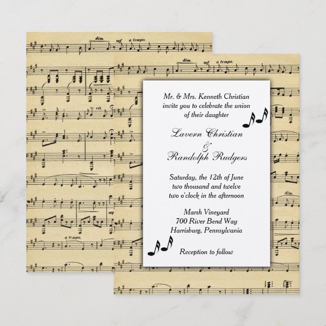 Inbjudan till lakan Music Wedding (Fram/baksida)