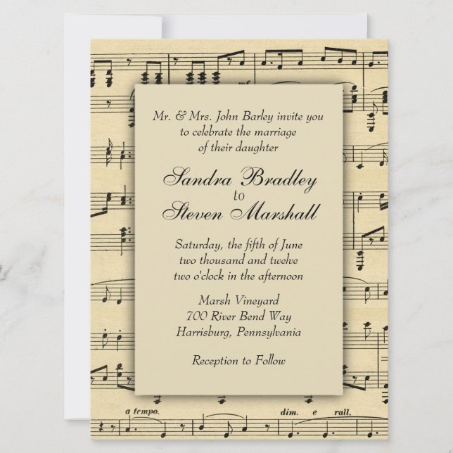 Inbjudan till lakan Music Wedding (Framsida)