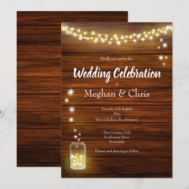 Inbjudan till Landsbyggsbröllop av trä och Ljus Ru (Fram/baksida)