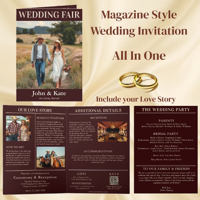 Inbjudan till landsbyggsbröllopets magasinomslag (Country Wedding Magazine Cover-All in One Invitation)