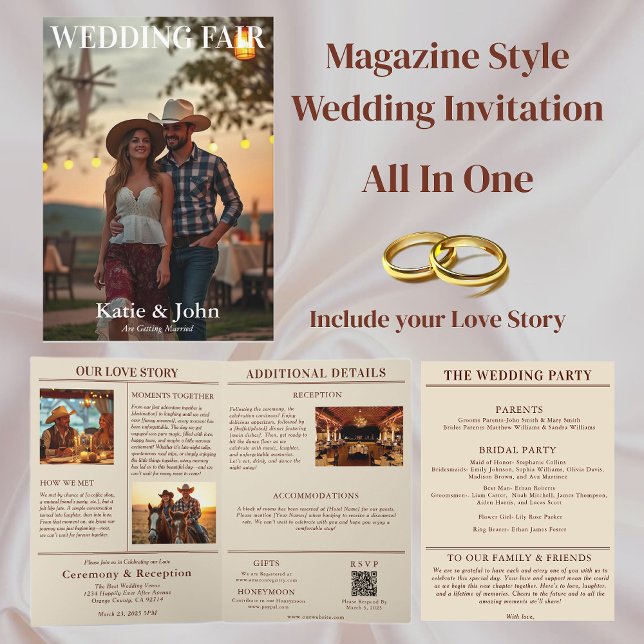 Inbjudan till landsbyggsbröllopets magasinomslag (Country Wedding Magazine Cover Invitation All in One)