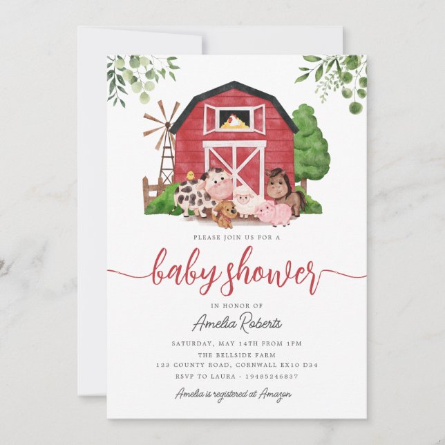 Inbjudan till lantbrukare, babyskor, Red Barn Inbj (Framsida)