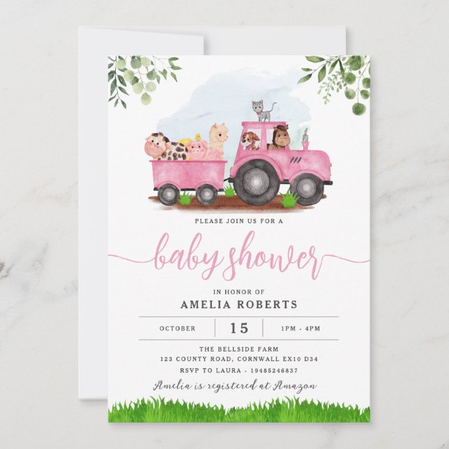 Inbjudan till lantbrukare, babyskor, Rosa Tractor  (Framsida)