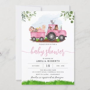 Inbjudan till lantbrukare, babyskor, Rosa Tractor 
