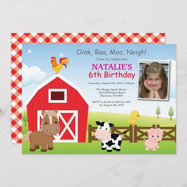 Inbjudan till lantgård Land Barnyard Party (Fram/baksida)