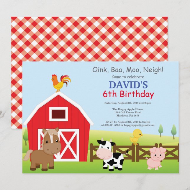 Inbjudan till lantgård Land Barnyard Party (Fram/baksida)