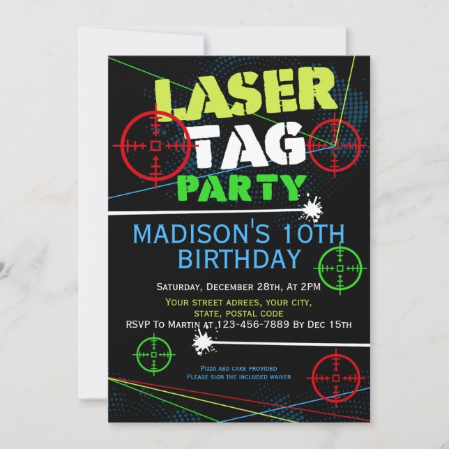 Inbjudan till Laser märkre Glow party-födelsedag (Framsida)