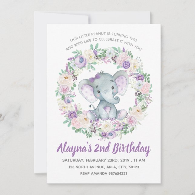 Inbjudan till Lavender Baby Elephant Birthday (Framsida)
