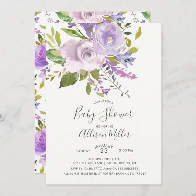 Inbjudan till Lavender Blommigt Baby Shower (Fram/baksida)