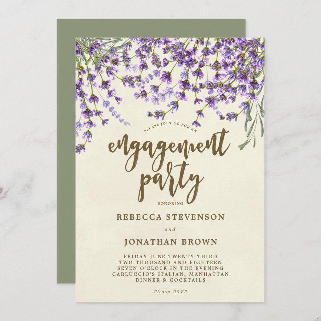Inbjudan till Lavender blommigt-förlovningsfest (Fram/baksida)
