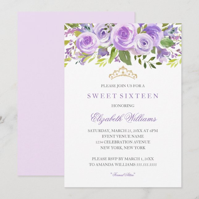 Inbjudan till Lavender Blommigt Ro Sweet sixteen (Fram/baksida)