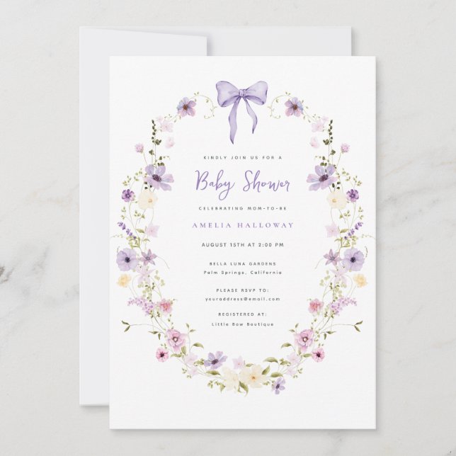 Inbjudan till Lavender Bow Wildblomma Baby Shower (Framsida)