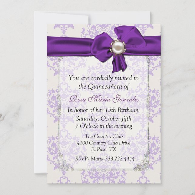 Inbjudan till Lavender & Cream Damask Quinceañera (Framsida)