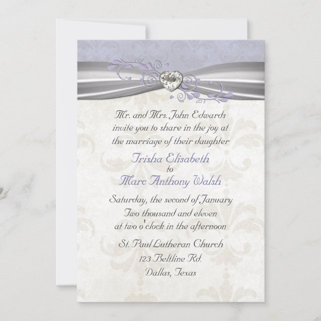 Inbjudan till Lavender Damask & Heart Wedding (Framsida)
