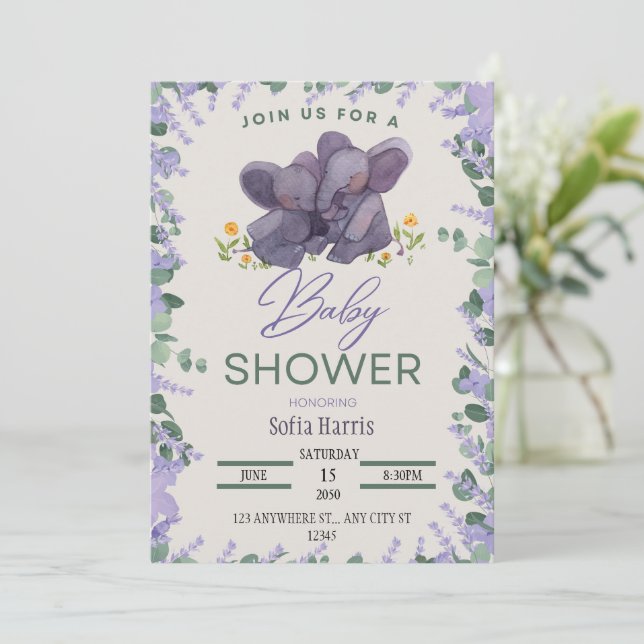 Inbjudan till Lavender Elephant Baby Shower (Stående Fram)