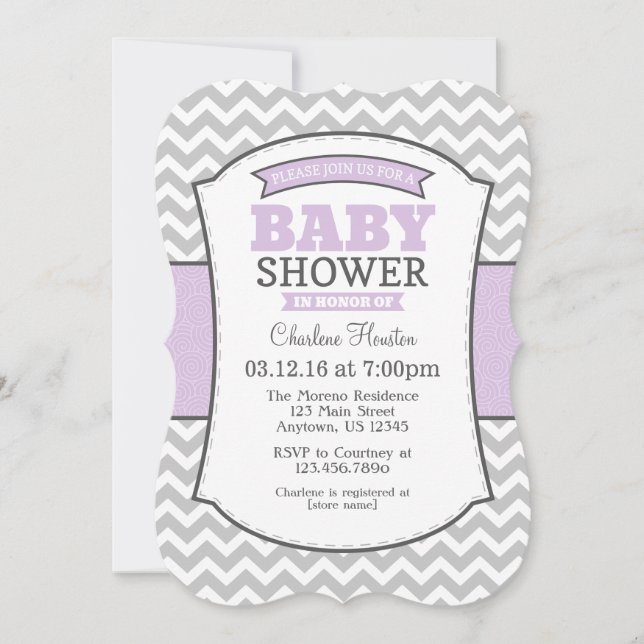 Inbjudan till Lavender Grått Chevron Baby Shower (Framsida)