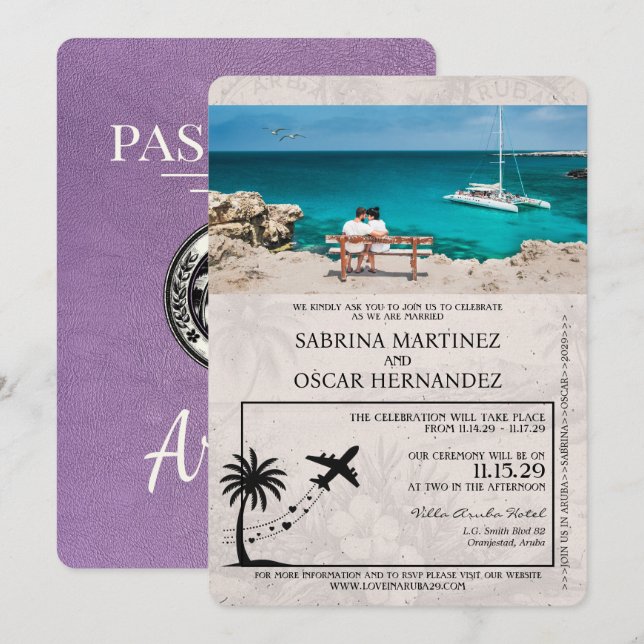 Inbjudan till Lavender Lila Aruba Passport Wedding (Fram/baksida)