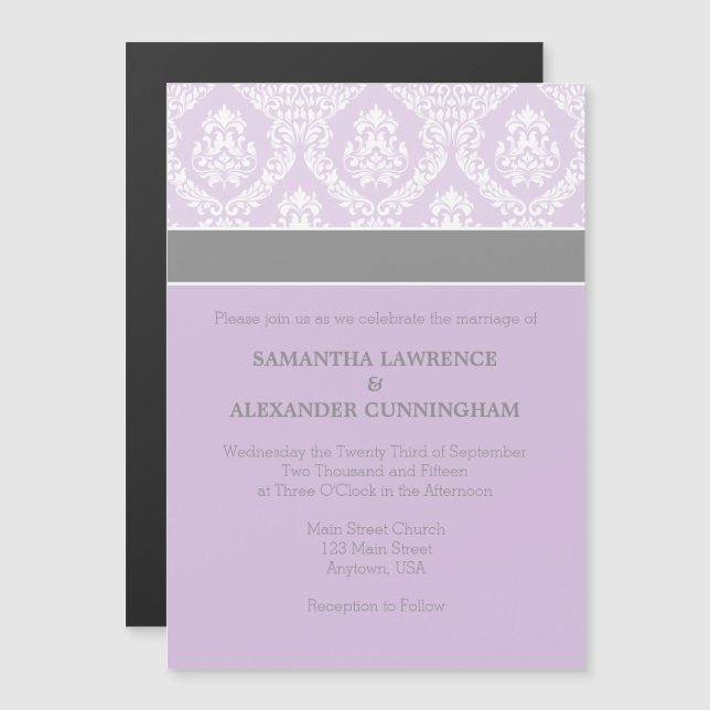 Inbjudan till Lavender Lila Damask Magnetic Weddin Magnetisk Inbjudningskort (Fram/baksida)