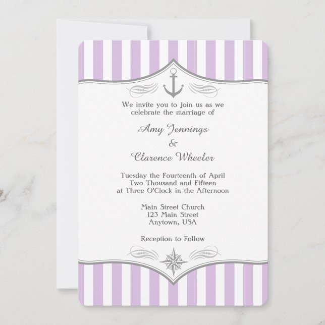 Inbjudan till Lavender Lila Grått Nautical Wedding (Framsida)