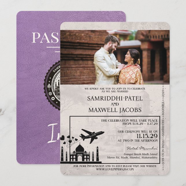 Inbjudan till Lavender Lila India Passport Wedding (Fram/baksida)