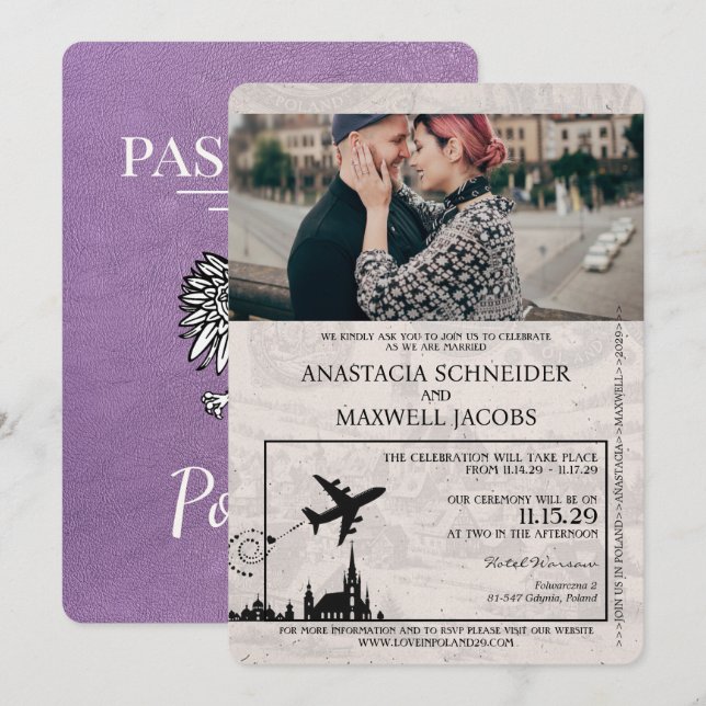Inbjudan till Lavender Lila Poland Passport Weddin (Fram/baksida)