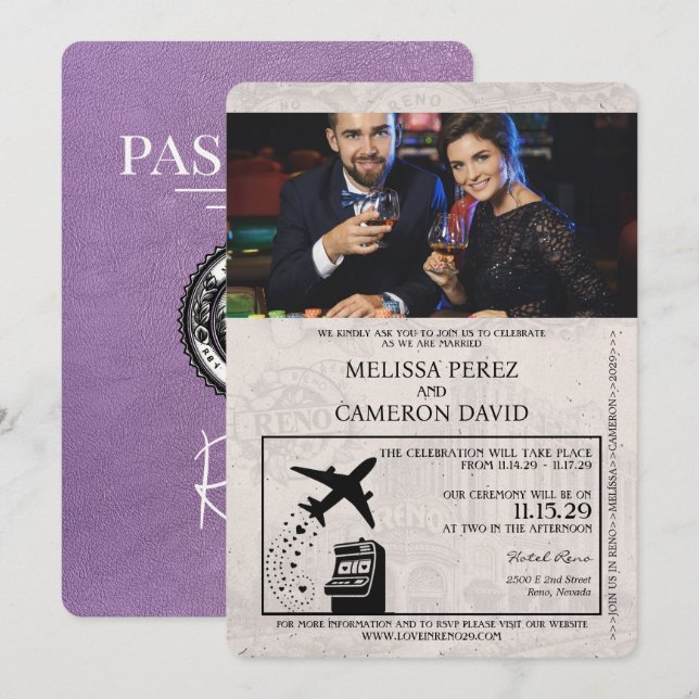 Inbjudan till Lavender Lila Reno Passport Wedding (Fram/baksida)