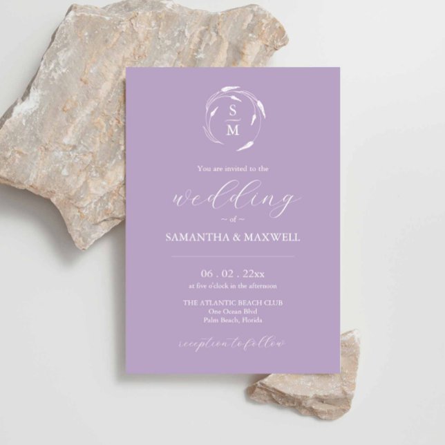 Inbjudan till Lavender Wedding med QR-kod (Custom lavender wedding invites designed using unique line art by Victoria Grigaliunas)