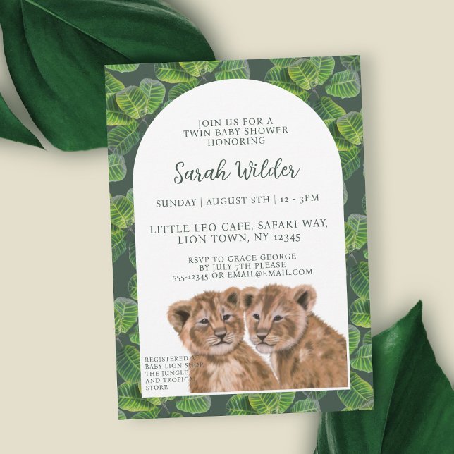 Inbjudan till Lejon Tvillingbabystövel för tropisk (Just add your baby shower details to this cute lion cub invitation)