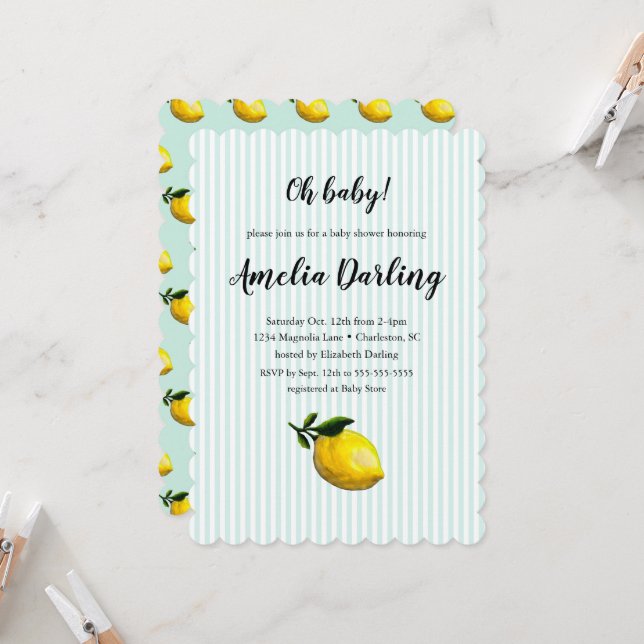 Inbjudan till Lemon Baby Shower Scallop Kant (Fram/Back In Situ)