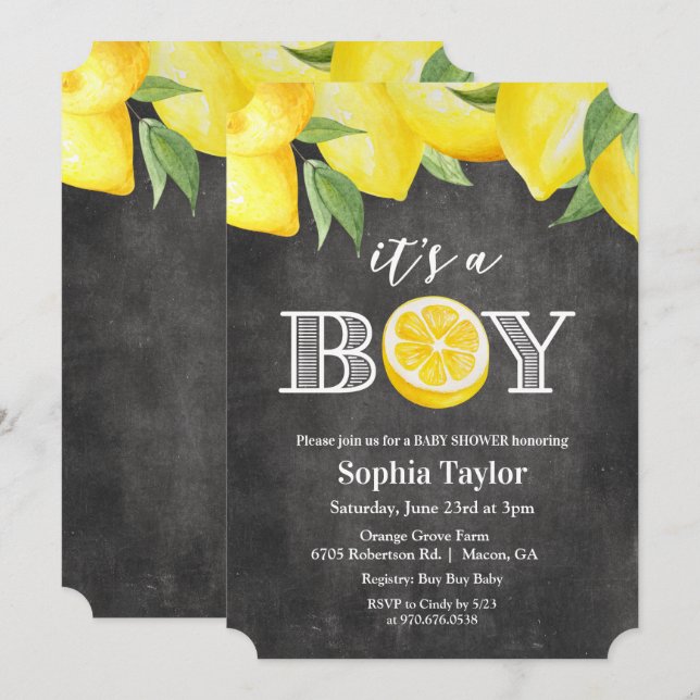 Inbjudan till Lemon Boy Chalkboard Baby Shower (Fram/baksida)