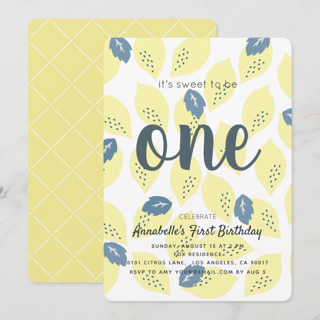 Inbjudan till Lemon & Löv Mönster 1:a födelsedagsp (Fram/baksida)