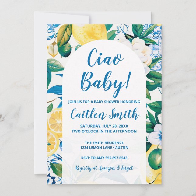 Inbjudan till Lemon Mediterranean Ciao Baby Shower (Framsida)
